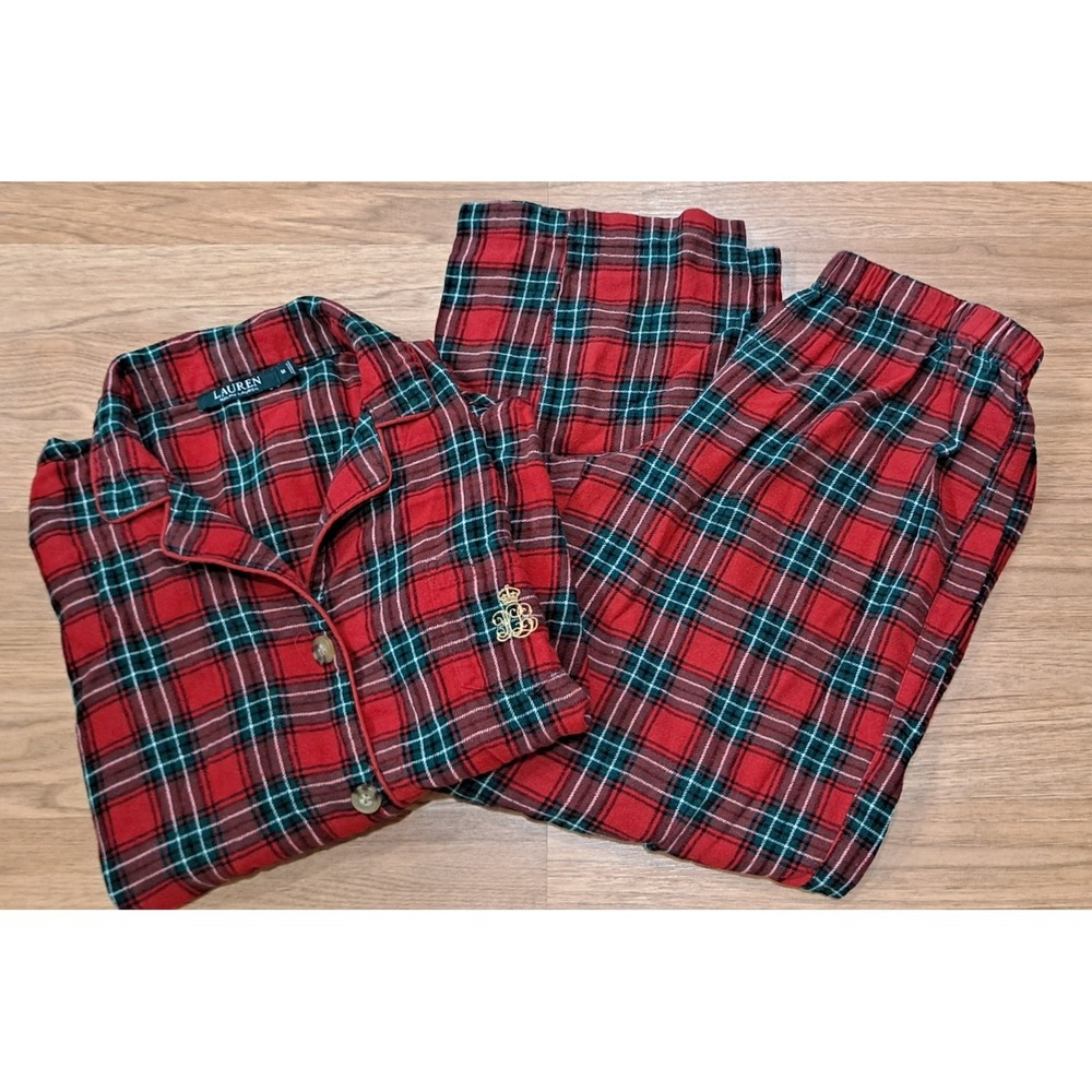 LAUREN RALPH LAUREN Women's M Flannel Pajama Set 2 Piece Sleepwear Red Plaid
